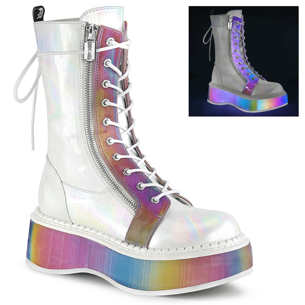 Bottes Hauteur Genoux Demonia Emily 350 Hologramme Vegan Cuir Femme - Blanche/Multicolore 30465-ZIXP